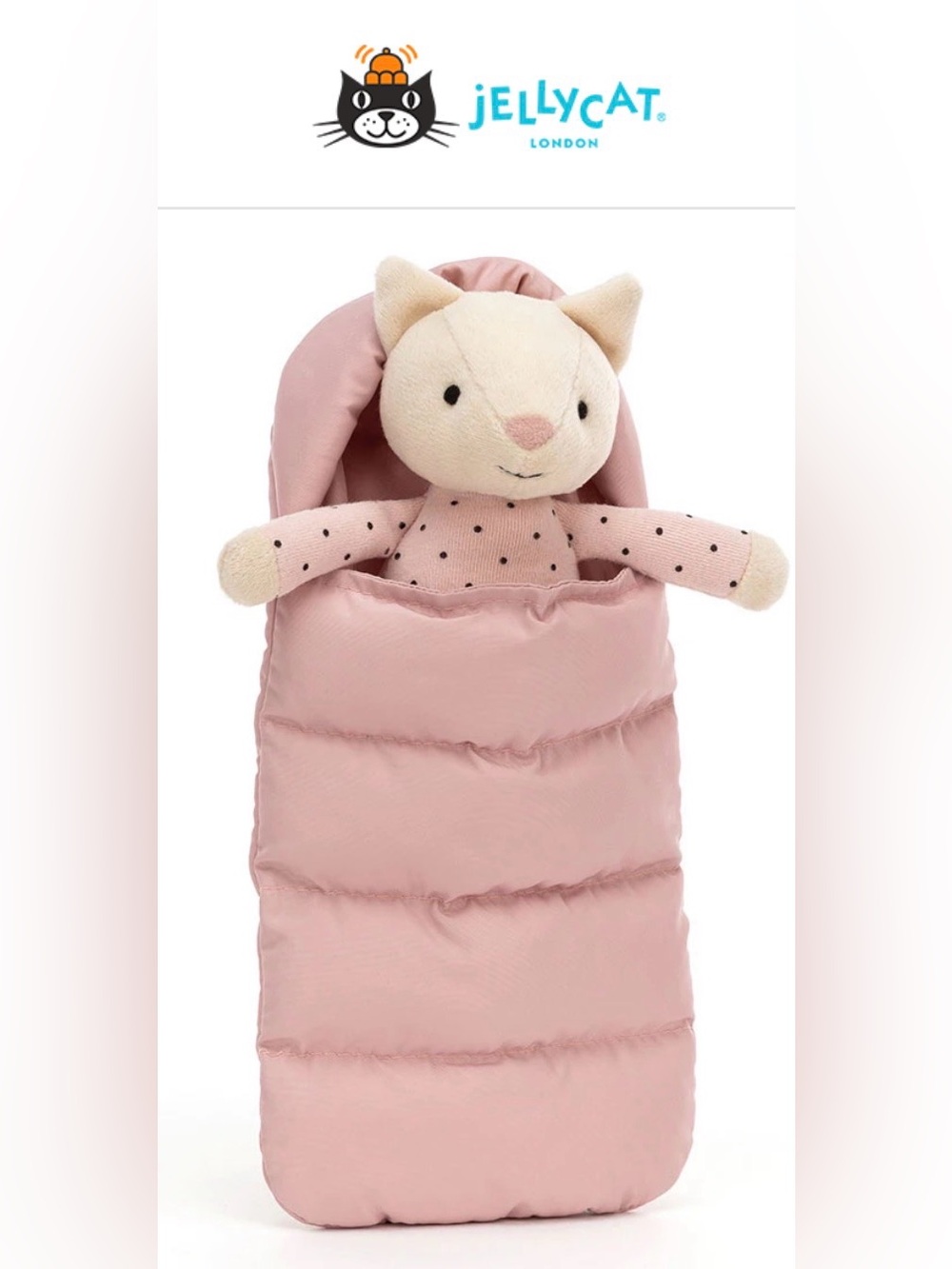 🐱 *Retired* JellyCat Snuggler Cat Pink Polka Dot w/ Sleeping Bag Soft Knit Toy